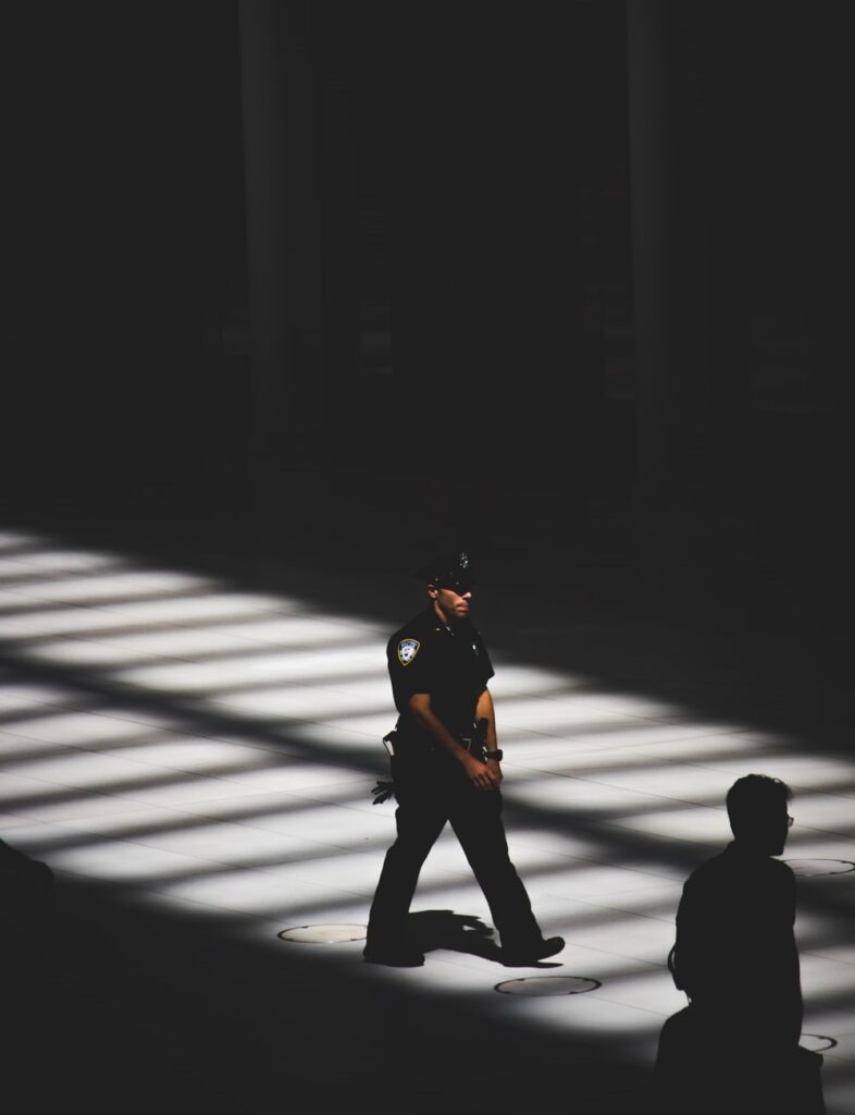 Armed security guard patrolling the area