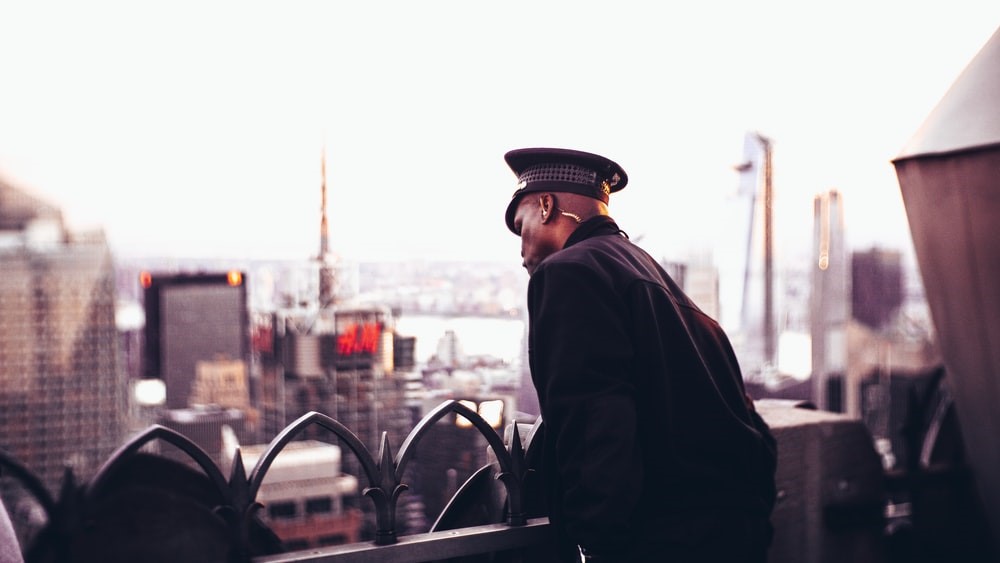 An elite security officer looking over the building