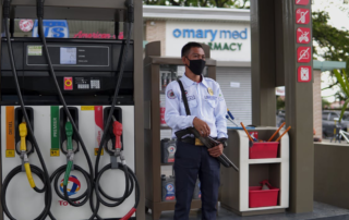 Security guard on duty at a gas station